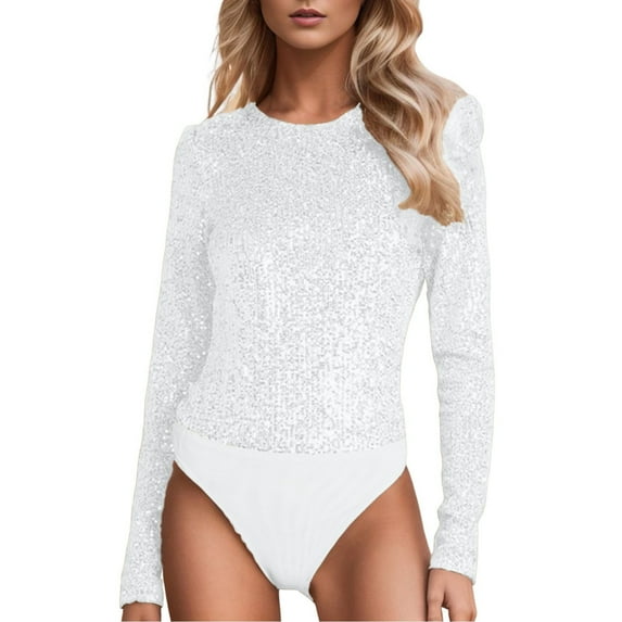 HXWCHs Elegant Sparkly Slim Fit Long Sleeve Jumpsuit Bodysuit Solid Color Evening Party Wear for Women Silver S