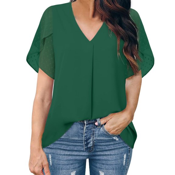HXWCHs Elegant V-Neck Chiffon Blouse for Women Flowy Pleated Loose Fit Casual Short Sleeve top XL Green