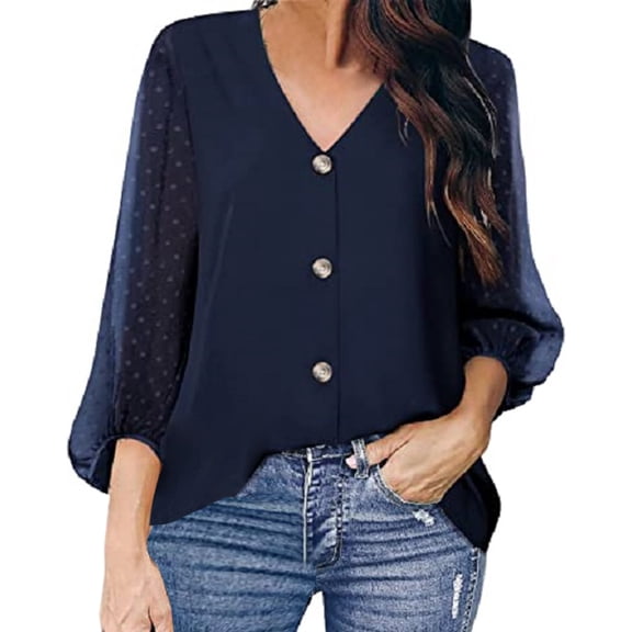 HXWCHs Elegant V-Neck Long Sleeve Chiffon Blouse for Women Summer Casual and Dressy tops XXL Navy