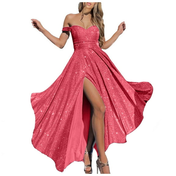 HXWCHs Elegant Women's Evening Gown for Party Sparkling Sequins Strapless formal Dress with High Slit Fashionable Attire M Red