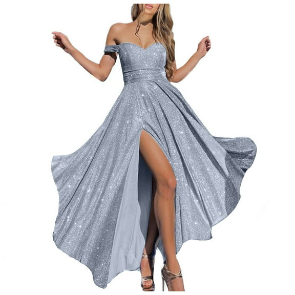 HXWCHs Elegant Women's Evening Gown for Party Sparkling Sequins Strapless formal Dress with High Slit Fashionable Attire S Grey
