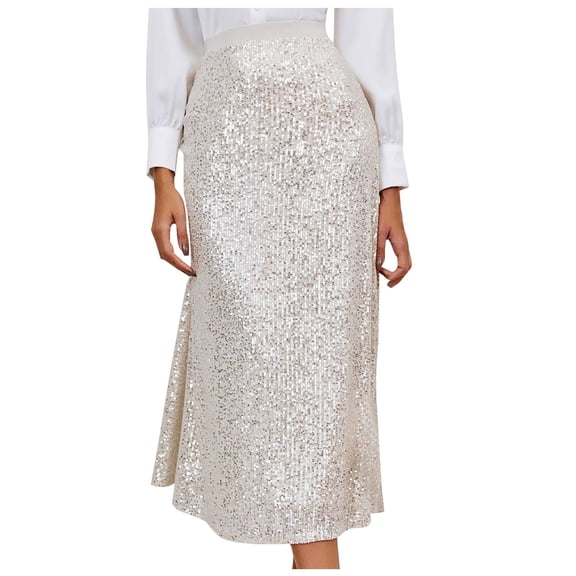 HXWCHs Elegant Women's Long Maxi Sequin A-Line Skirt for Wedding and Bridesmaid Occasions S Silver
