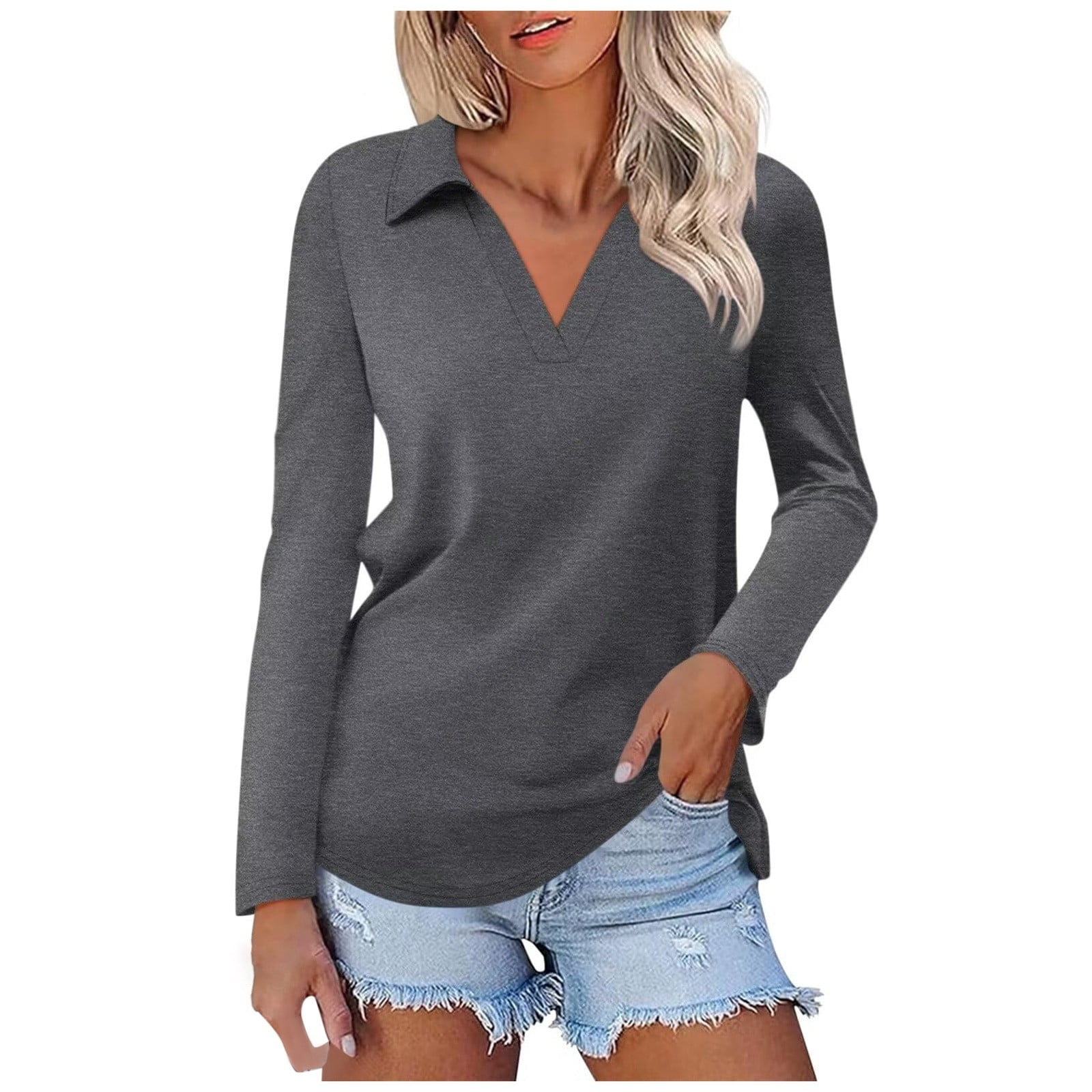 HXWCHs Elegant Women's Long Sleeve V-Neck Lapel Collar Casual Basic Tee ...