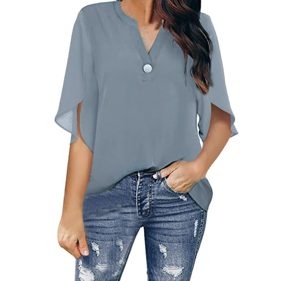 HXWCHs Elegant Women's Summer Chiffon Blouse with Flutter Sleeves and V-Neck Ruffle Tunic top S Grey