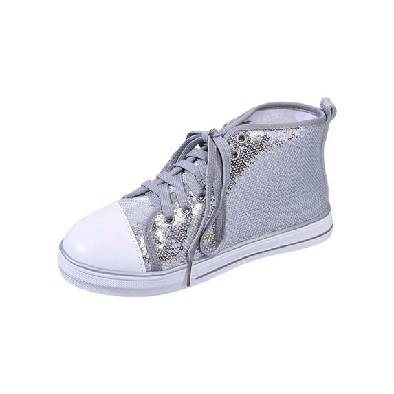 HXWCHs Fashion Casual Sneakers Glitter On High top Flat Shoes for Everyday Wear—Comfortable All Season Lace Up Design with Sparkling 42 Silver