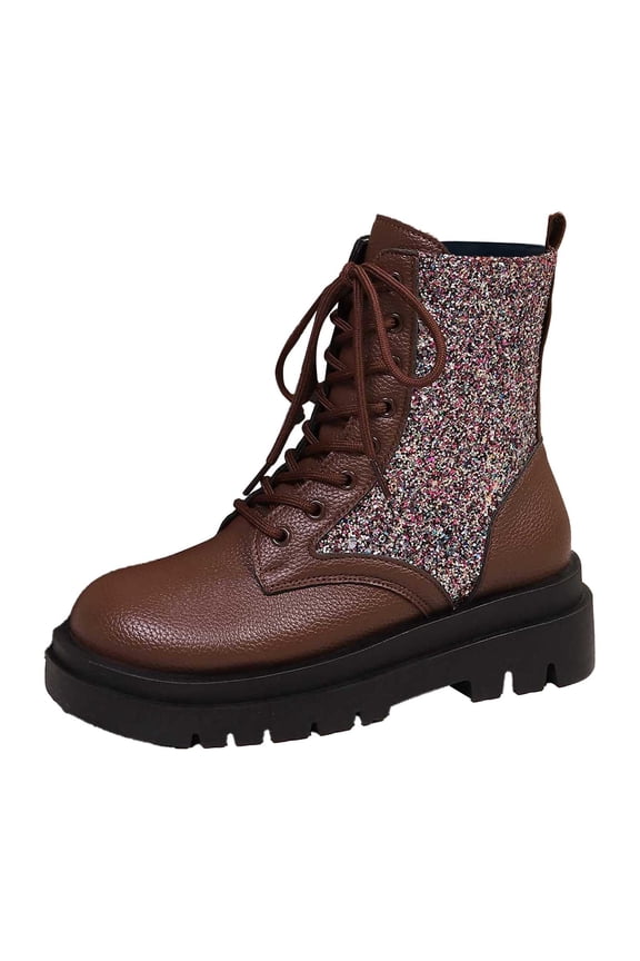 Fashion Forward Women's Ankle Boots with Round Toe Sequin Patchwork and Lace Up Design Featuring Thick Sole Heels Brown 37