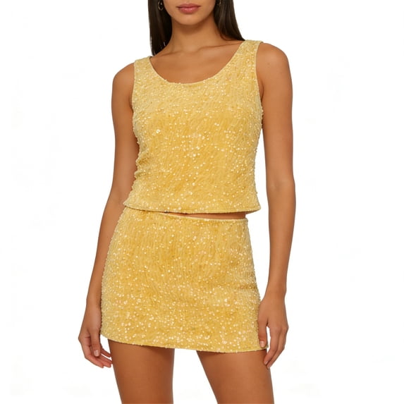 HXWCHs Fashion Sequin Sleeveless Slim Fit Vest and Pencil Skirt Evening Party Dress Suit for WomenM Yellow
