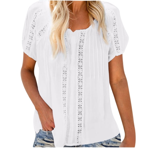 HXWCHs Fashion V-Neck Lace Summer Blouse Casual Short Sleeve Solid Color tops for Women Plus Size Comfort Shirt XXL White