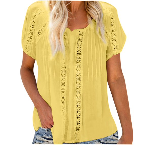 HXWCHs Fashion V-Neck Lace Summer Blouse Casual Short Sleeve Solid Color tops for Women Plus Size Comfort Shirt XXL Yellow