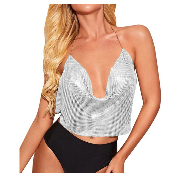 HXWCHs Fashionable Women's Sequined Tube Crop Top Sling Tie Strapless Casual Wear Silver S