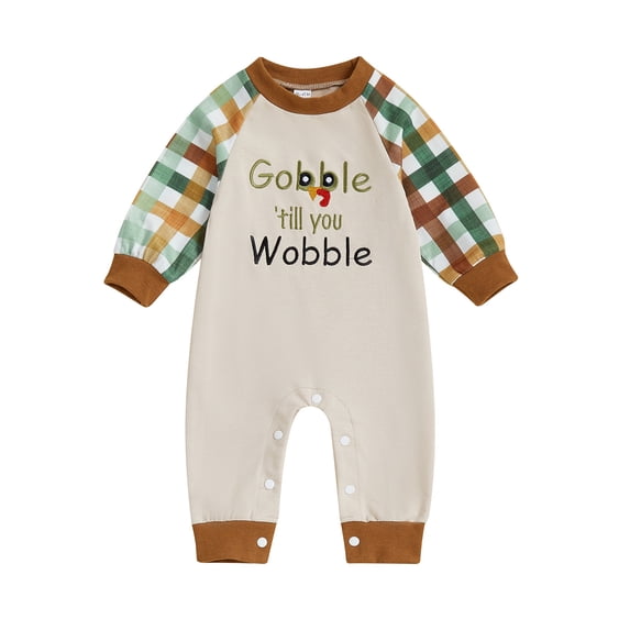 HXWCHs First Thanksgiving Baby Boy Girl Clothes Outfits Turkey Gobble Embroidered Jumpsuit Plaid Romper Fall Size: 6-12 Months Khaki