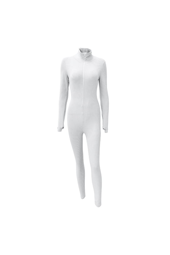 Flare Leg Jumpsuits for Women, Women's Fashionable Solid Color Elastic High Neck Zipper Embroidered Tight Fitting Jumpsuit for Spring Autumn Seasons M White