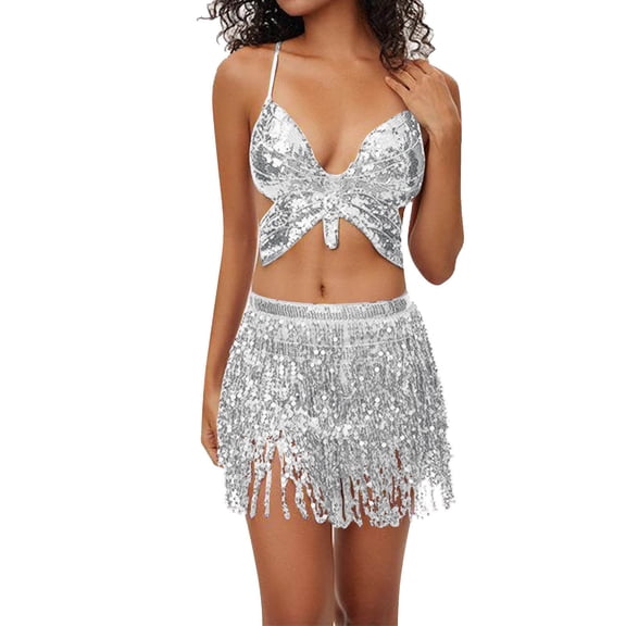 HXWCHs Fringe Sequin Two Piece Skirt Set with Elegant top and Mini Skirt for Partywear and Event Styling One Size Silver