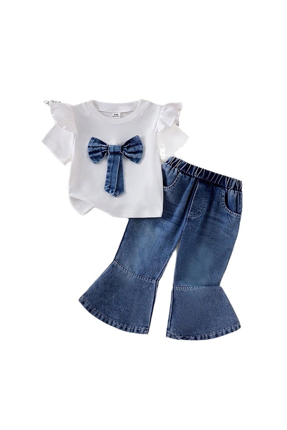 Girl 2 Piece Denim Outfit, Ruffle Short Sleeve T-Shirt Elastic High Waist Jeans Summer Matching Set Size: 6-9 Months White