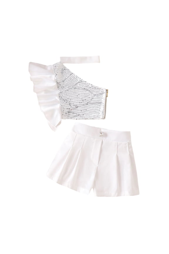 Girls 2 Piece Sequin Outfit Set One Shoulder Ruffle Halter Side Zipper Crop Top Pleated Skort Kids Performance Set Size: 9-12 Months White