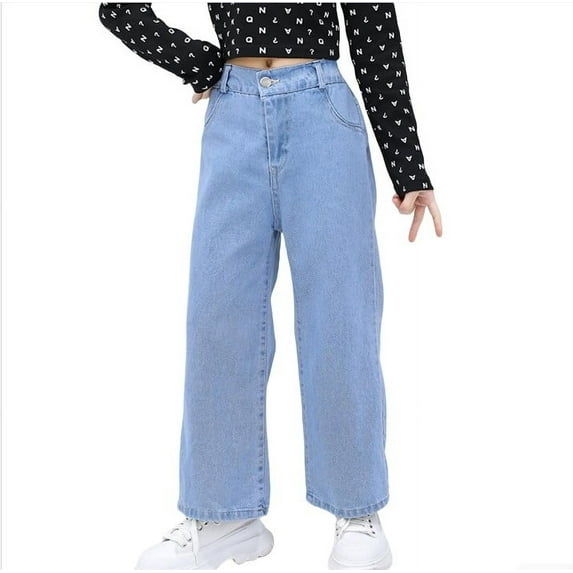 HXWCHs Girls Baggy Jeans Casual Wide Leg Denim Pants for Kids Comfortable Stretchable Soft Fabric Loose Fit Blue 13-14 Years