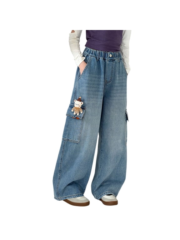 Girls Bootcut Pants Doll Overall Denim Jeans Straight Leg Loose Fit Wide Leg Pants for Big Kids Tweens Casual Spring Summer Outfits 7-8 Years Blue