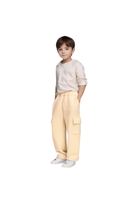 Girls Cargo Sweatpants Lined Casual Pants with Square Pockets Comfortable Elastic Waist Soft Solid Active Wear Beige 12-13Years