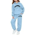 thumbnail image 1 of HXWCHs Girls' Casual Letter Print Hooded Sweatshirt Set Long Sleeve top and Pants Outfit for Daily Wear and Outdoor 9-10 Years Sky Blue, 1 of 4