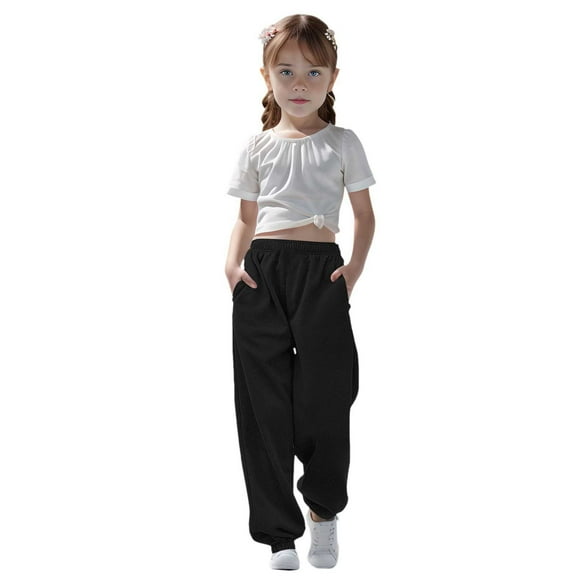 HXWCHs Girls Casual Solid Color Sweatpants Medium Large Kids Comfortable Drawstring Soft Elastic Waist Playwear Active Pants Black 5-6 Years