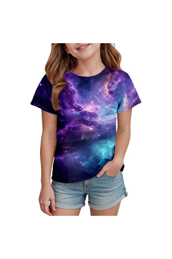Girls Celestial Star Print Short Sleeve Tee Casual Round Neck Graphic T-Shirt for Everyday Play and Comfort 8-9 Years Pink