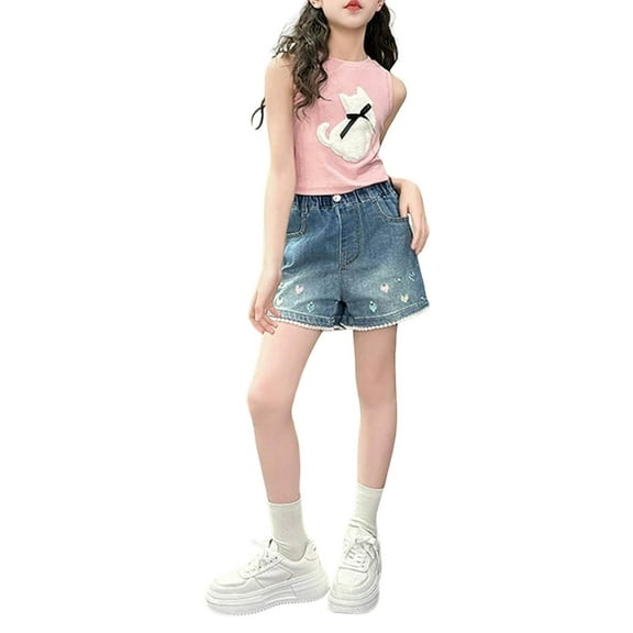 HXWCHs Girls Denim Shorts Summer Casual Comfortable Stretchable Bow Tie Design Thin Lightweight Street Wear for Kids Age 5-12 Blue 5-6 Years