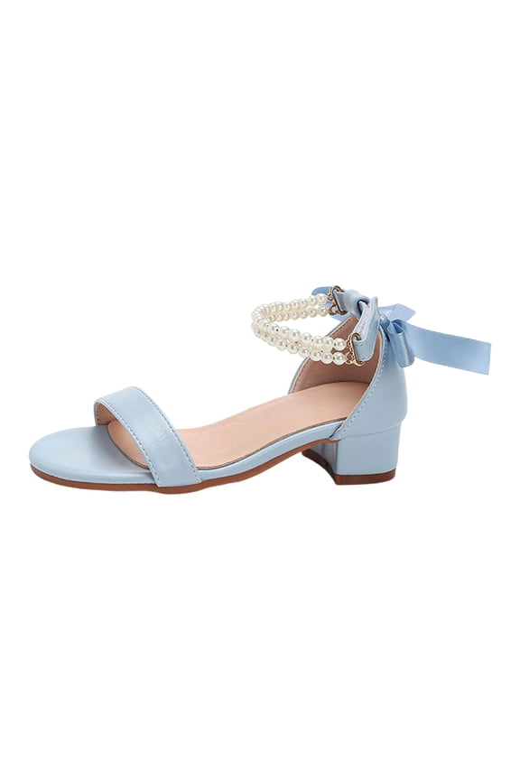 Girls Dress Shoes Open Toe Low Heels Sandals Bow Pearl Ankle Strap Flower Girl Wedding Party Shoes for Toddler Little Big Kid Blue 7-8 Years
