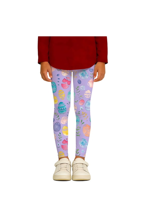 Girls Durable School Pants Easter Print Stretchy Athletic Casual Leggings for toddler Kids Playwear Comfortable Soft Base Layer Pants 5-6Years Light Purple