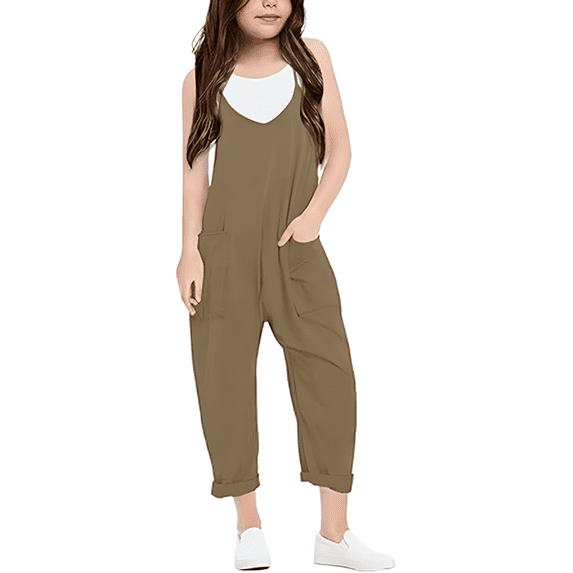 HXWCHs Girls Fashion Casual V Suspender Romper Loose Comfortable Playwear With Pocket Stylish Solid Color Outfit For Toddler Brown 5-6Years