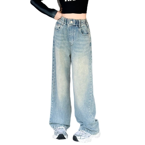 HXWCHs Girls Fashion Elastic Waist Wide Leg Jeans Casual Pants With Pockets Cute Personality Comfortable Stretchy Soft Breathable Stylish Loose Fit Durable Lightweight Blue 5-6 Years