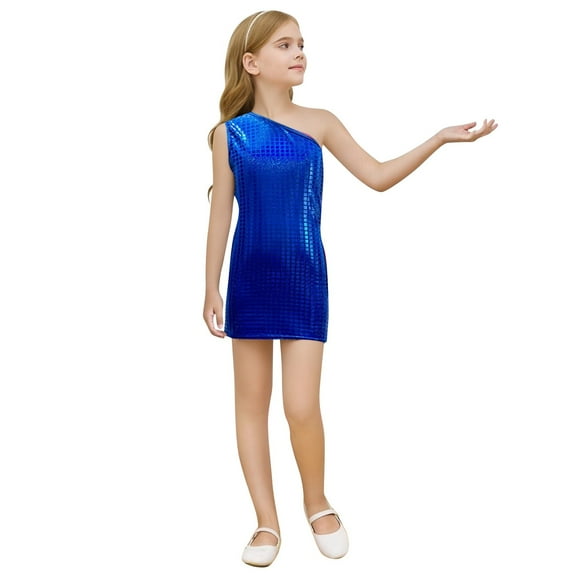 HXWCHs Girls Fashion Square Sequin Print Sleeveless Dress with Round Neck and Asymmetric Hem for Everyday Casual Party and Summer in Girls Dresses Category 4-5Years Blue