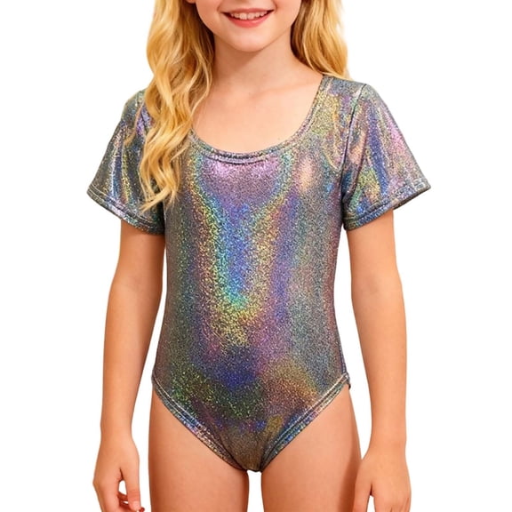 HXWCHs Girls Latin Dance Gymnastics Leotard Shiny Rhinesofne Short Sleeve Unitard Performance Training for Competition Stage Shows 160 Black