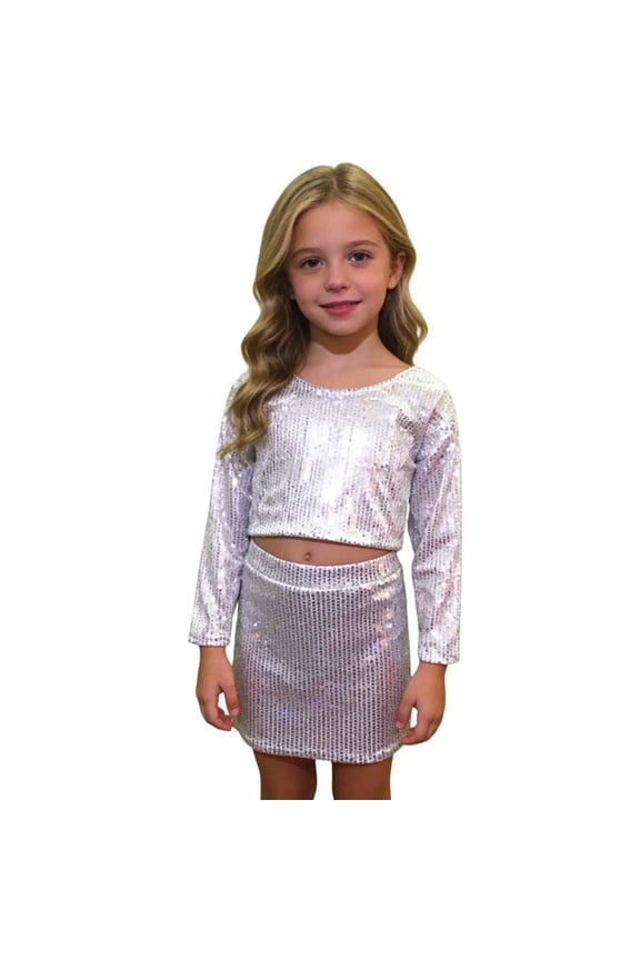 Girls Cheerleading Dance Performance top Stretchy Athletic Long Sleeve Round Neck Tee Shirt for Carnival 3-10 Years Silver