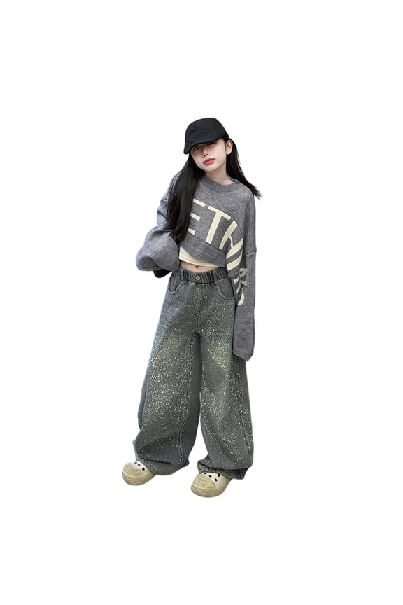 Girls Patterned Pants Rhinestone Straight Leg Jeans Fashionable Heavy Duty Wide Leg Trousers High End Casual Arrival 7-8 Years Blue