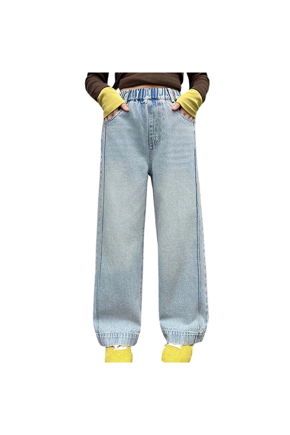 Girls Quick Dry Pants Denim Pants Straight Leg Loose Fit Wide Leg Trousers Autumn Casual Comfortable Stretch Jeans for Big Kids 11-12 Years Light Blue