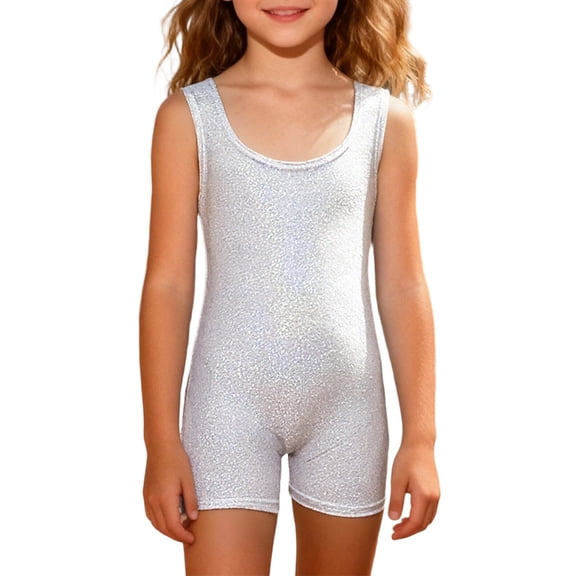 HXWCHs Girls Sequin Tank Bodysuit with Shorts for Dance and Gymnastics Performance Stretchy Leotard-Style Romper for Everyday Play and Activewear 110 Silver