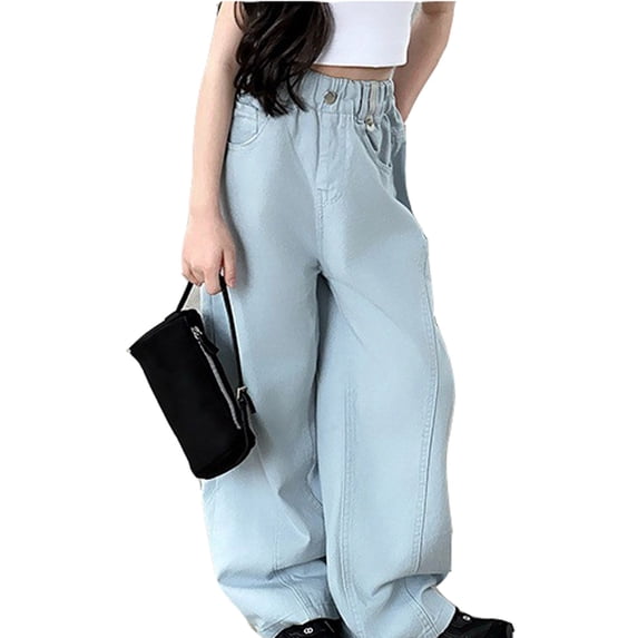 HXWCHs Girls Casual Denim Pants Elastic Waist Straight Wide Leg Jeans Comfortable Stretchy Soft Toddler Kids Spring Summer Everyday Wear Blue 8-9 Years