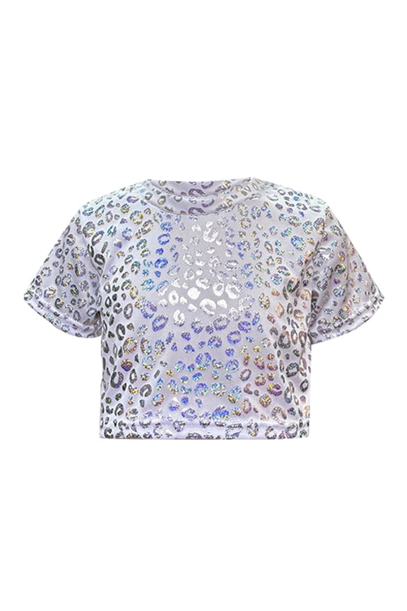 Girls Sparkly Sequin Rave T Shirt Stylish Girls Sequin Short Sleeve Crop Top for Daily Wear and Party Outfits Age 2 to 16 Years 6-8 Years Silver