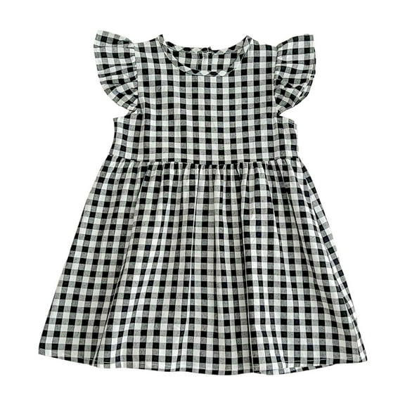 HXWCHs Girls Summer Dress Checkered Flared Sleeves Adorable Casual Party Outfit Toddler Kids Fashion Comfortable Breathable Black 4-5 Years