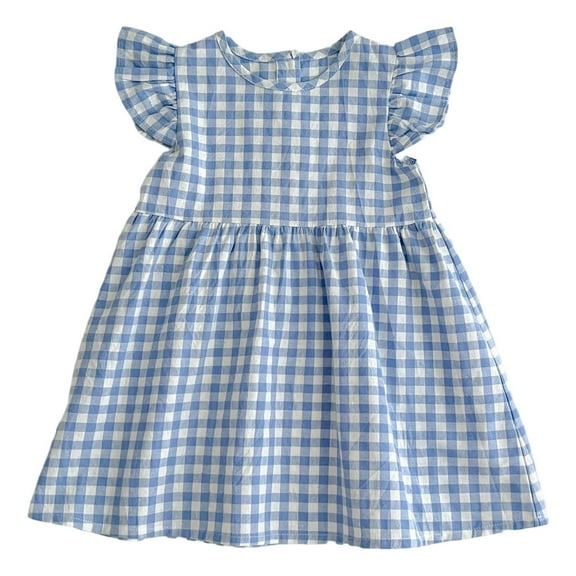 HXWCHs Girls Summer Dress Checkered Flared Sleeves Adorable Casual Party Outfit Toddler Kids Fashion Comfortable Breathable Blue 4-5 Years