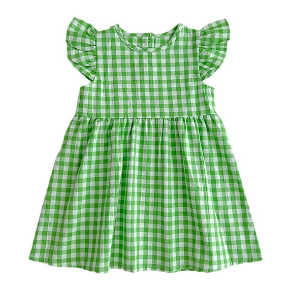 HXWCHs Girls Summer Dress Checkered Flared Sleeves Adorable Casual Party Outfit Toddler Kids Fashion Comfortable Breathable Green 4-5 Years