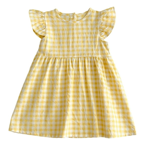HXWCHs Girls Summer Dress Checkered Flared Sleeves Adorable Casual Party Outfit Toddler Kids Fashion Comfortable Breathable Yellow 5-6 Years