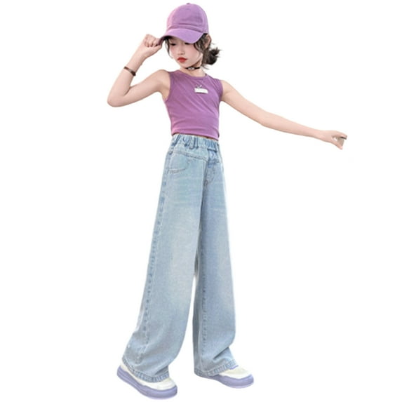 HXWCHs Girls Summer Thin Straight Leg Jeans Long Pants Casual Loose Fit Comfortable Breathable Everyday Wear for Kids 5-14 Years Blue 13-14 Years