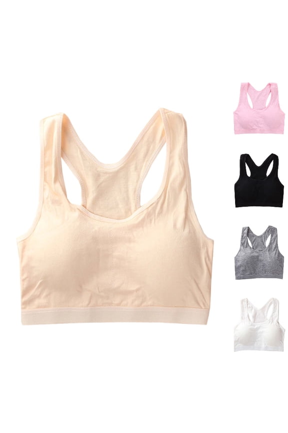 Girls Training Bras Wireless Removable Padded Racer Back Support Crop Tops Crew Neck Shockproof Comfort Everyday Bras Size: 13-18 Years Beige