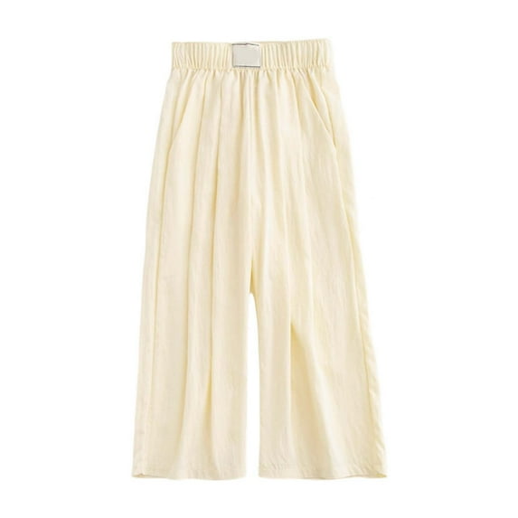 HXWCHs Girls Wide Leg Palazzo Pants Boho Summer Trousers Casual Comfortable Elastic Waist Lightweight Breathable Toddler Kids Youth Fashion Beige 5-6 Years