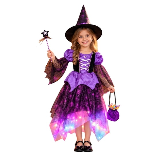 HXWCHs Girls Witch Costume Halloween Set Sequin Tulle with Hat Candy Bag 4 Piece Size: 8-10 Years