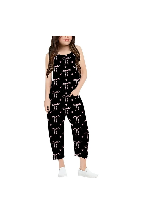 Girls' floral palazzo pants Romper With Bow Print Loose Fit Comfortable Playwear Stylish Pocket Design Soft Breathable Fabric Black 13-14Years