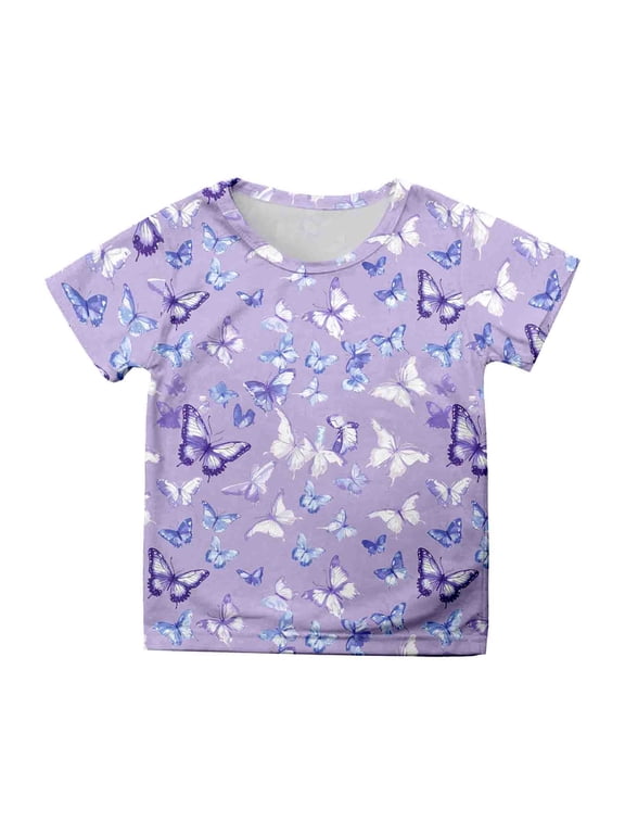 Girls' graphic tee Girls Print Short Sleeve Tee Shirt Casual Comfortable top for Children Outfit Purple 8-9 Years