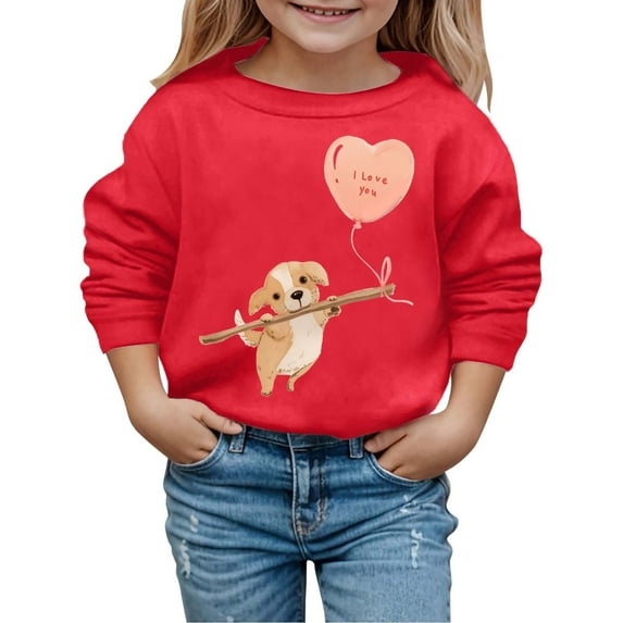 HXWCHs Girls' sweatshirts available Valentine's Day Girls Puppy Print Hooded Sweatshirt Fashionable Winter Autumn Children's Casual Pullover top Watermelon Red 6-7 Years