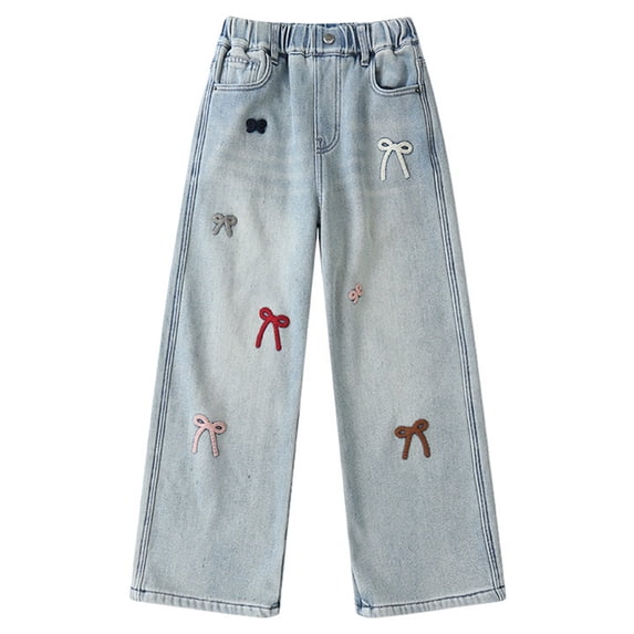 HXWCHs Girls toddler Girl Pants Straight Leg Denim Pants with Bow Embroidery Flared Trousers for Big Kids Warm Lined Casual Winter Bottoms 11-12 Years Light Blue
